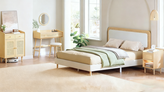 Bright minimalist bedroom with bed