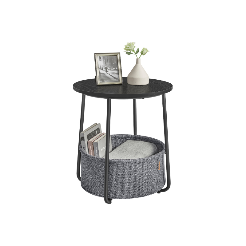 VASAGLE Modern Round Nightstand Side Table, Fabric Storage Basket, Compact Home Furniture