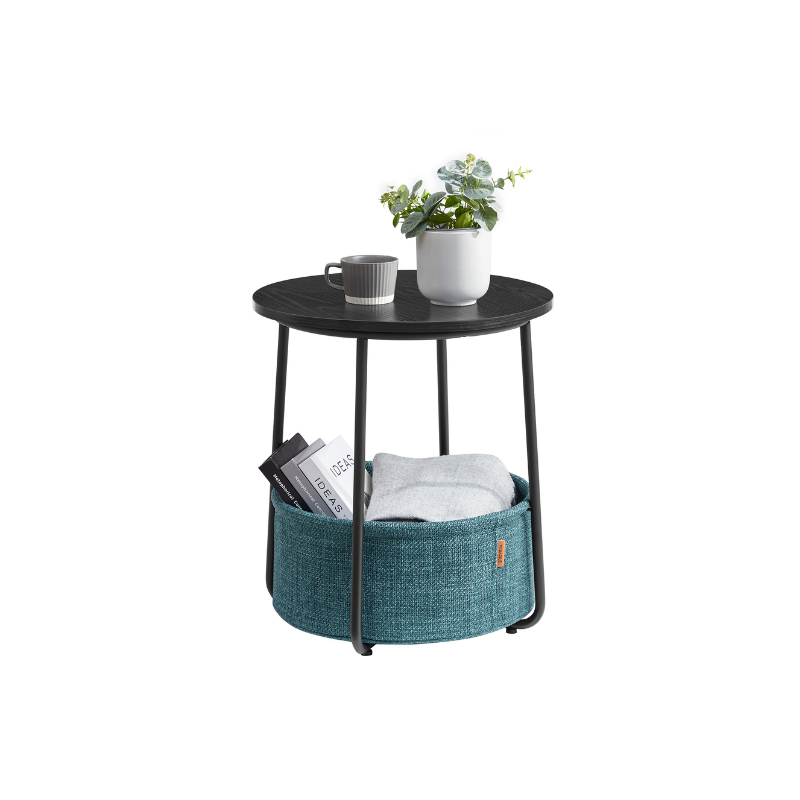 VASAGLE Modern Round Nightstand Side Table, Fabric Storage Basket, Compact Home Furniture