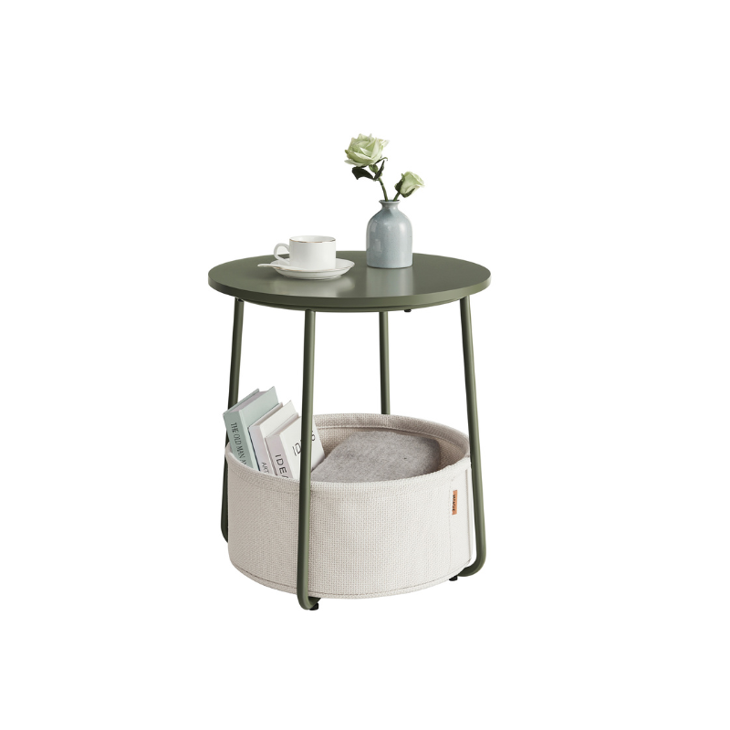 VASAGLE Modern Round Nightstand Side Table, Fabric Storage Basket, Compact Home Furniture