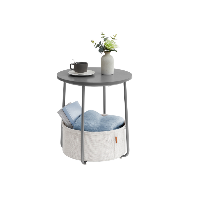 VASAGLE Modern Round Nightstand Side Table, Fabric Storage Basket, Compact Home Furniture