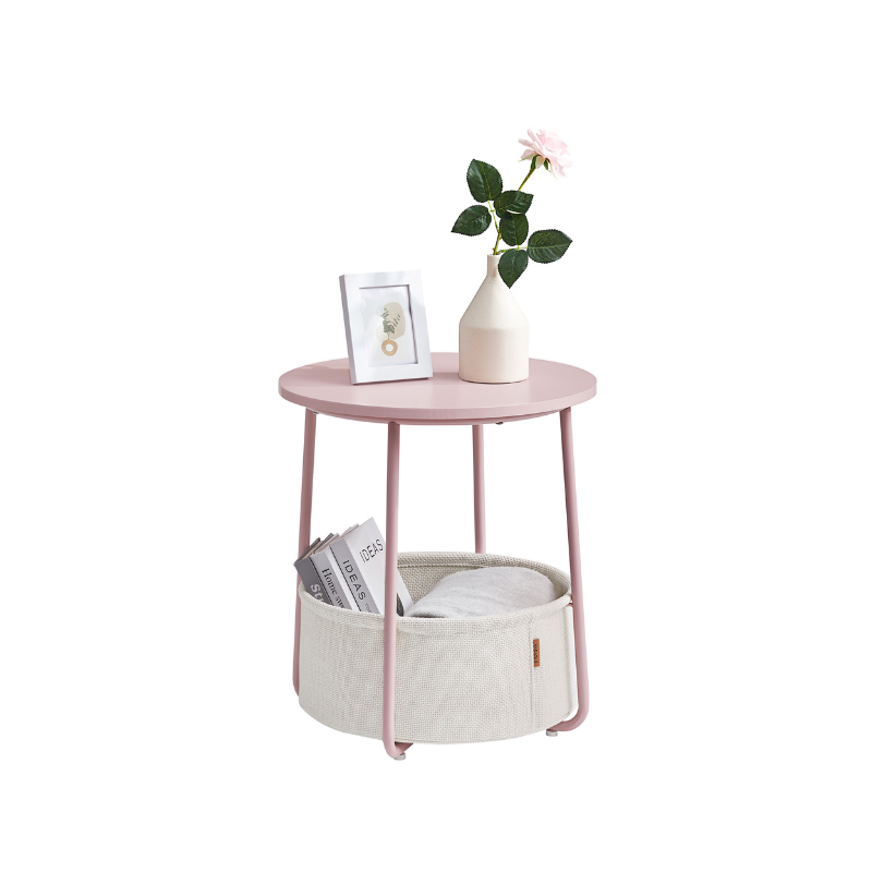VASAGLE Modern Round Nightstand Side Table, Fabric Storage Basket, Compact Home Furniture