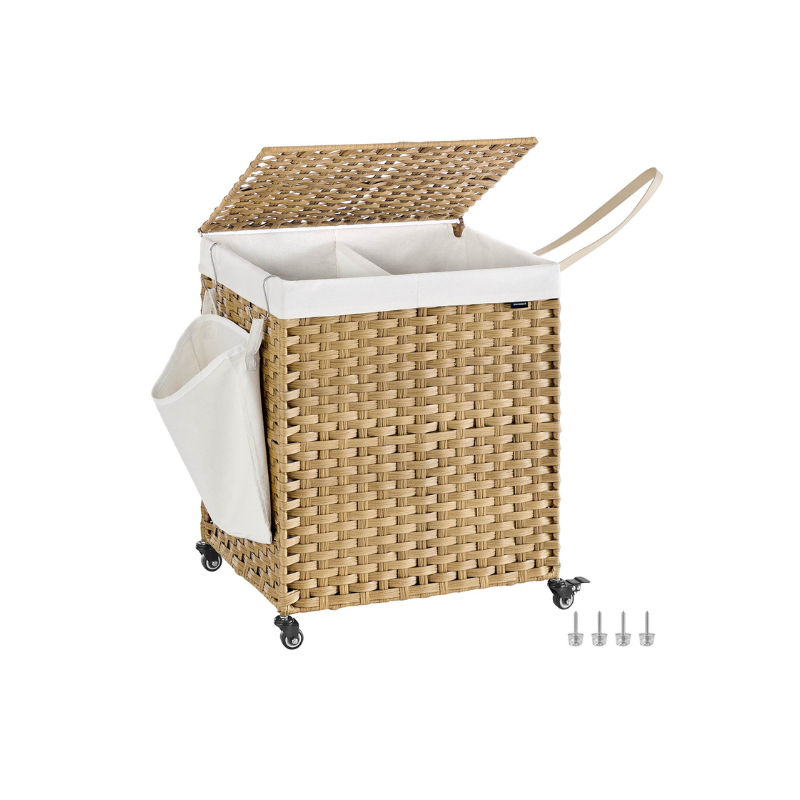 SONGMICS Handwoven Rattan Style Laundry Hamper with Wheels, 3 Compartments, Liner