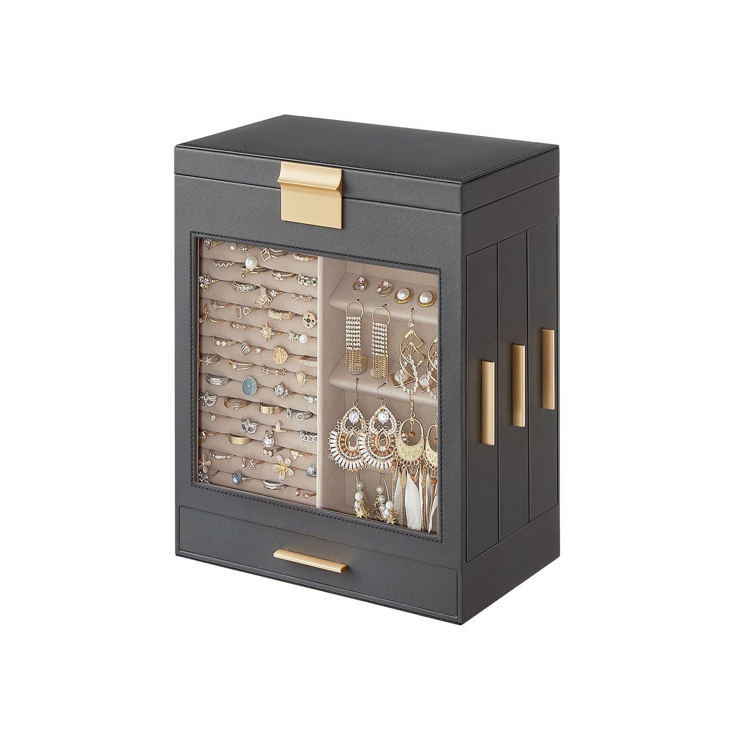 SONGMICS Elegant 5-Layer Jewelry Box with Clear Glass Window and Side Drawers