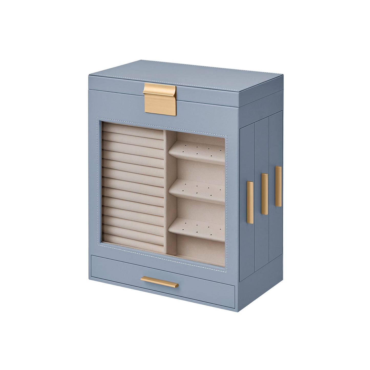 SONGMICS Elegant 5-Layer Jewelry Box with Clear Glass Window and Side Drawers