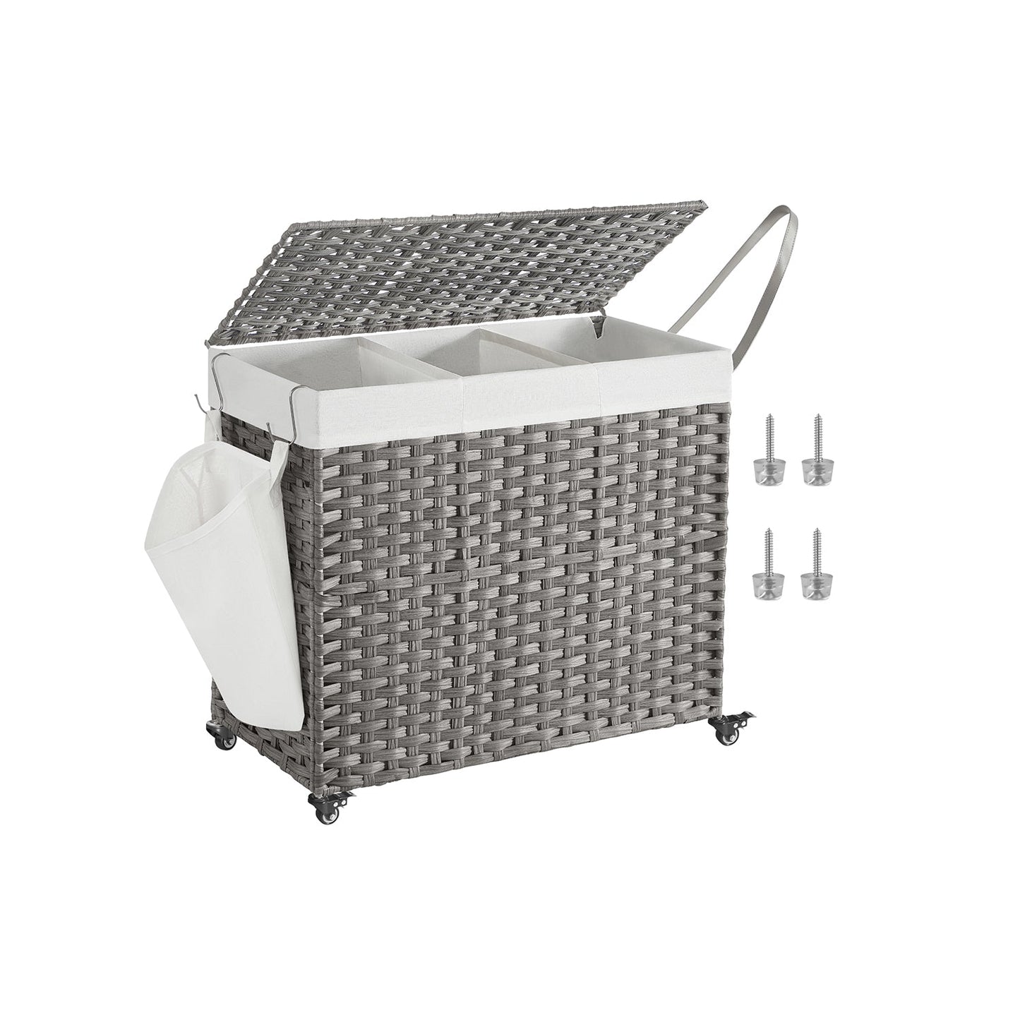 SONGMICS Handwoven Rattan Style Laundry Hamper with Wheels, 3 Compartments, Liner