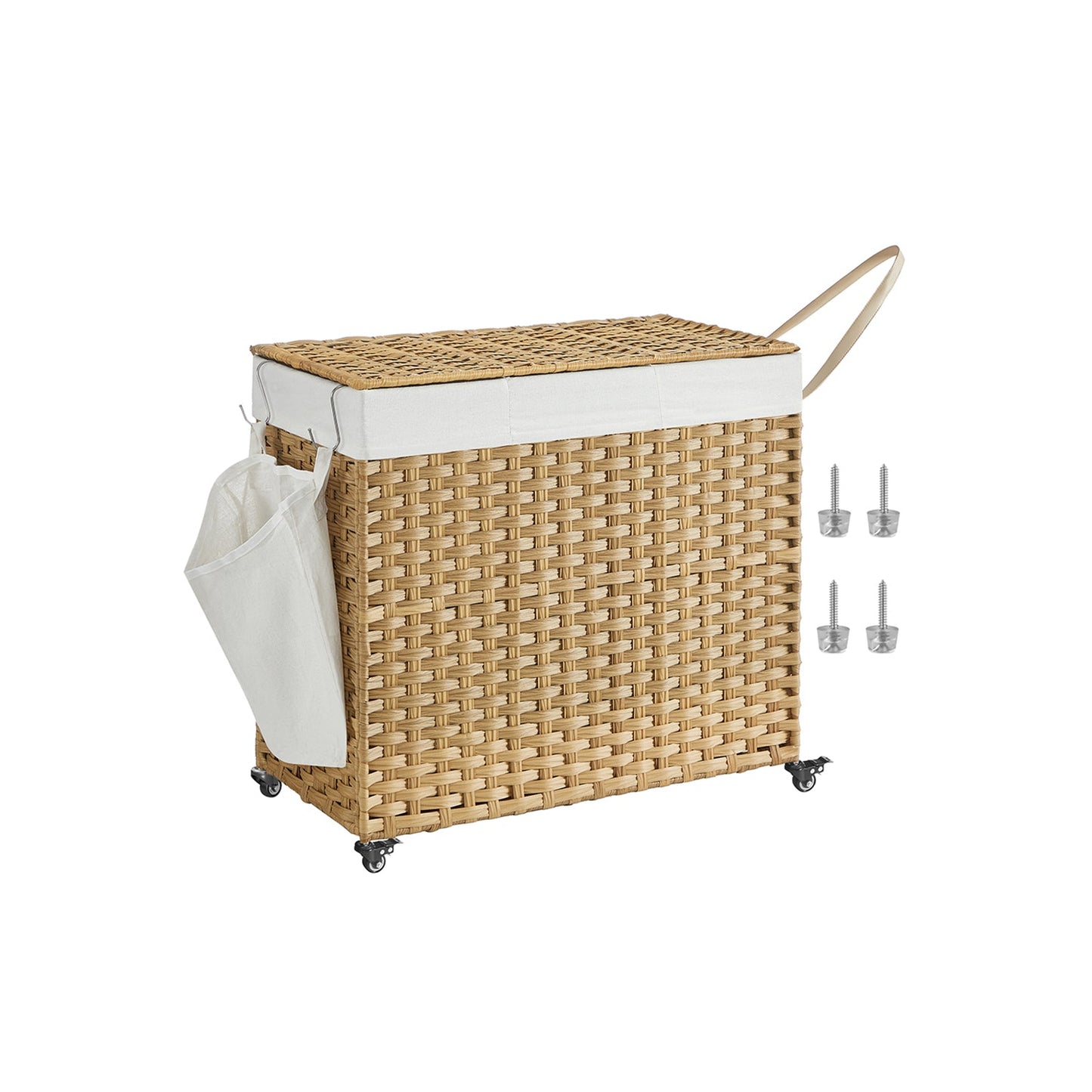 SONGMICS Handwoven Rattan Style Laundry Hamper with Wheels, 3 Compartments, Liner