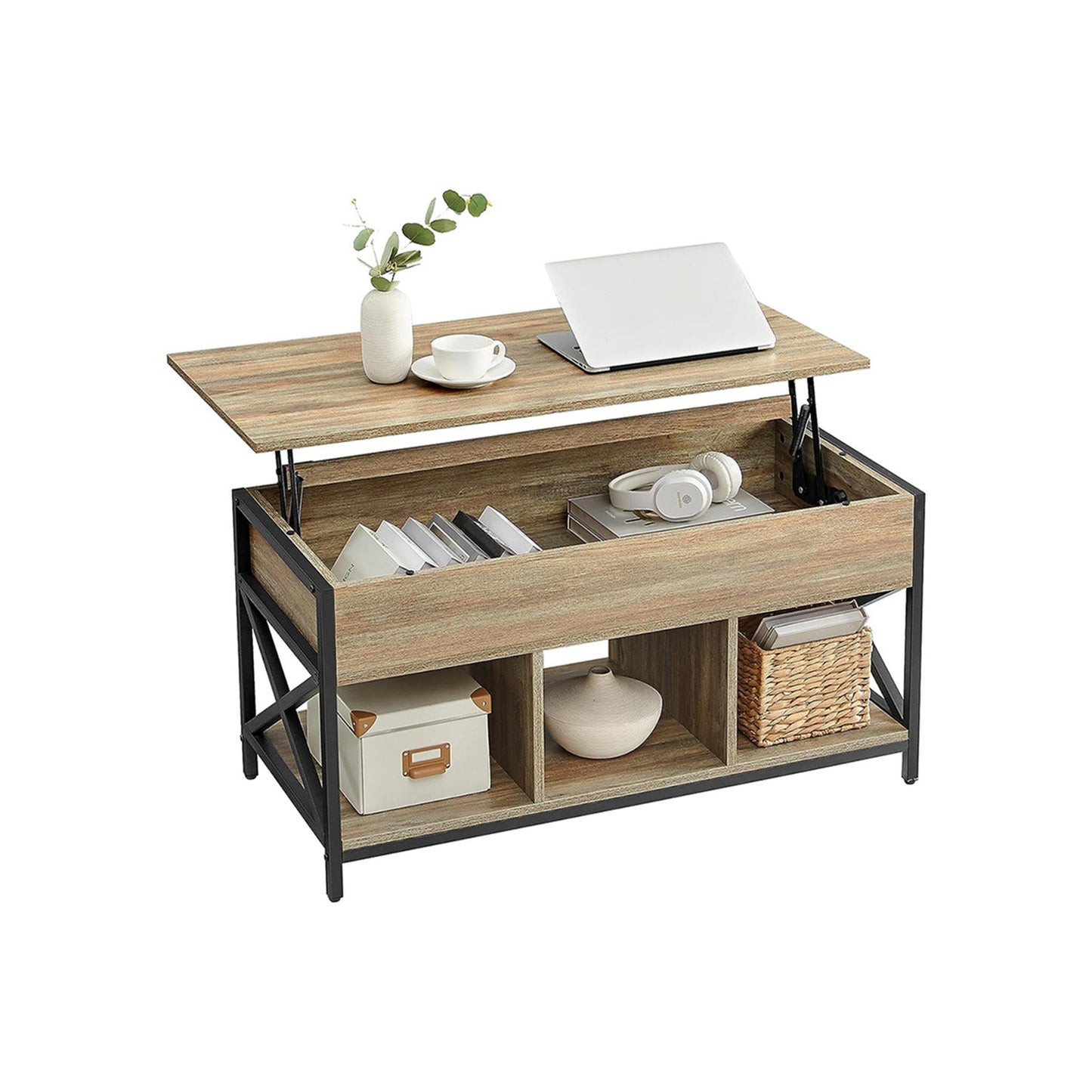 VASAGLE Industrial Lift Top Coffee Table, Hidden Storage, Steel Frame
