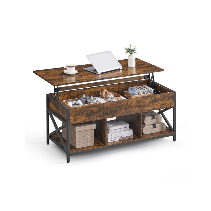 VASAGLE Industrial Lift Top Coffee Table, Hidden Storage, Steel Frame