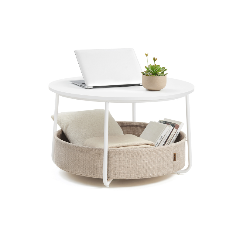 Round Coffee Table with Storage Basket, Modern Metal Frame Living Room Furniture