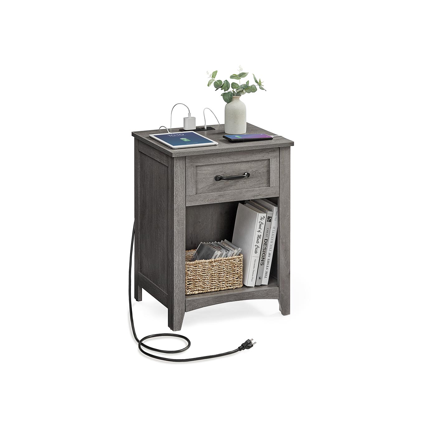 FURNMICS Farmhouse Nightstand with Charging Station