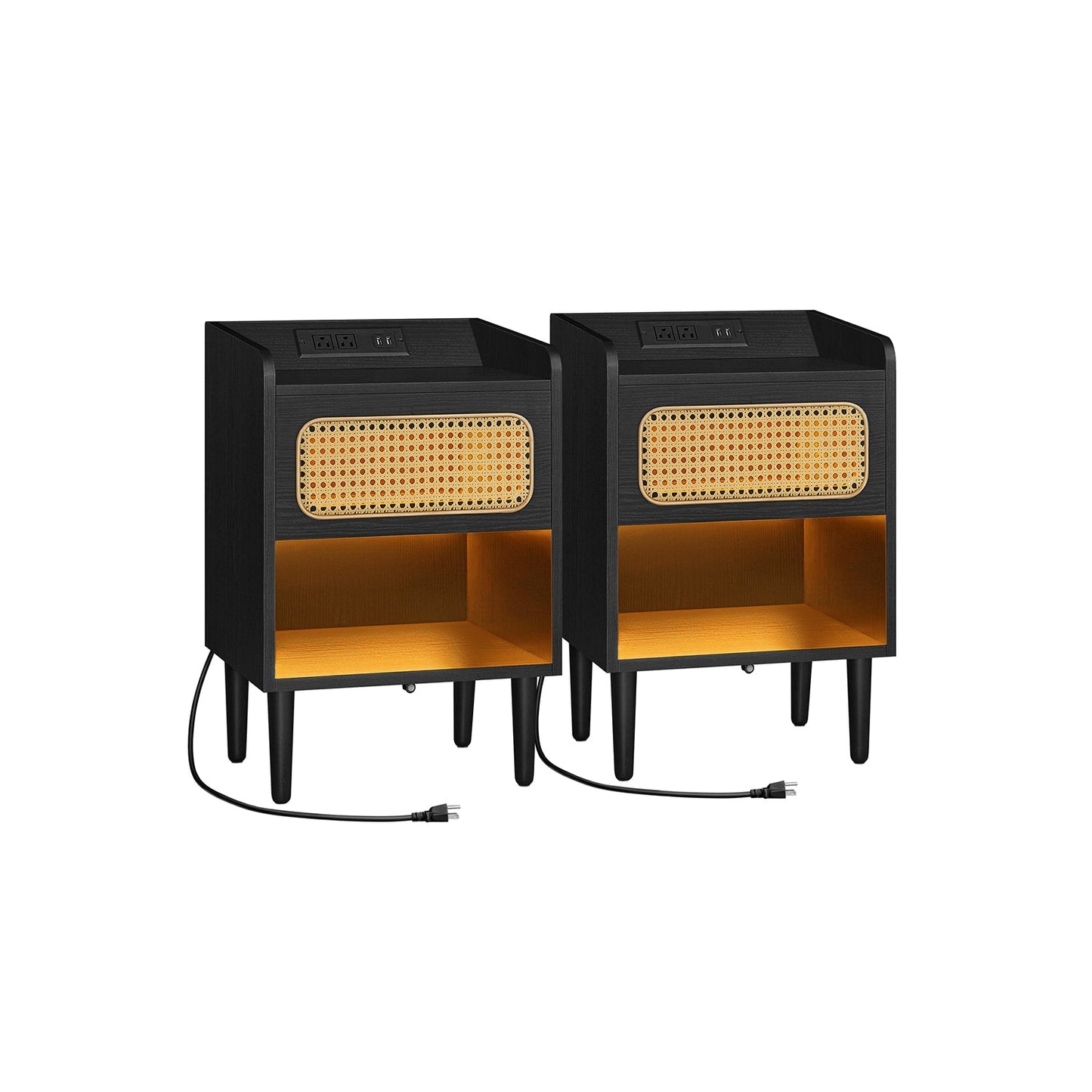 Boho Chic Nightstand with Charging Station, Motion Sensor Lights, Rattan-Like Drawer