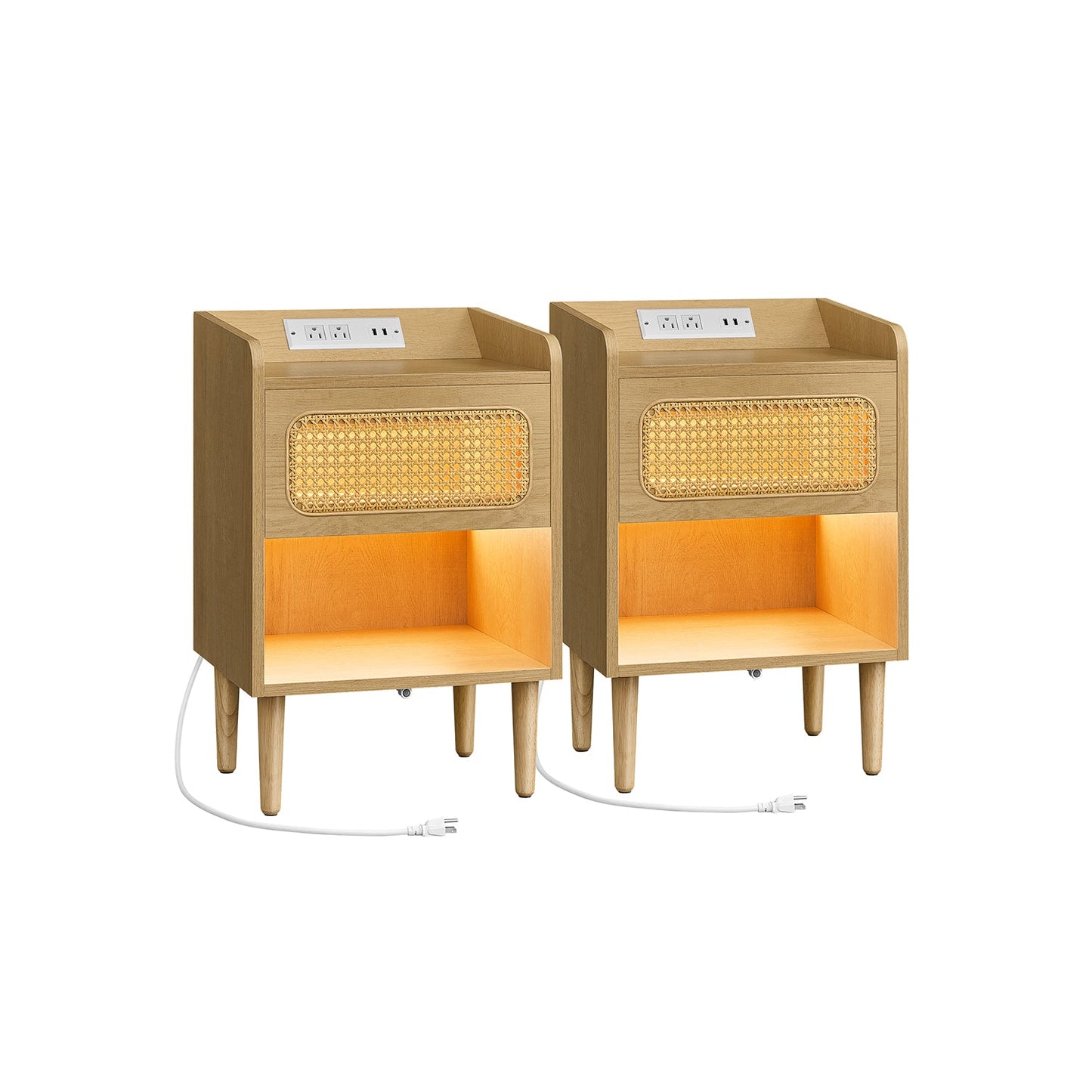 Boho Chic Nightstand with Charging Station, Motion Sensor Lights, Rattan-Like Drawer