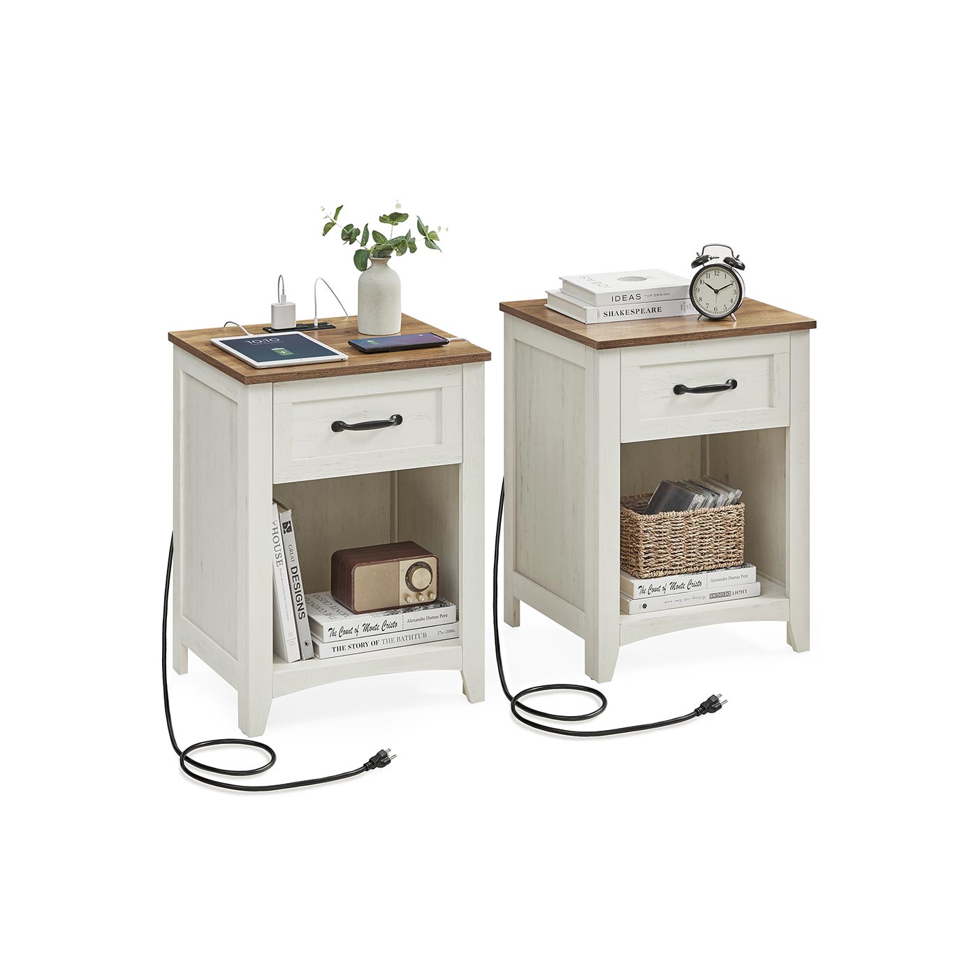 FURNMICS Farmhouse Nightstand with Charging Station