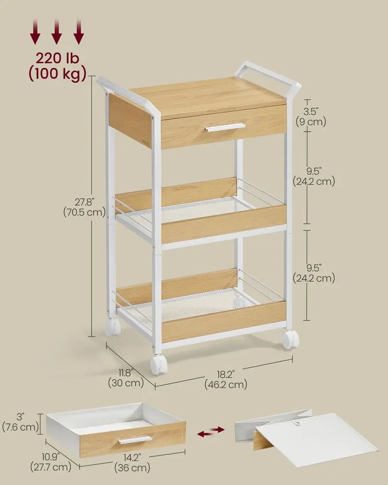 3-Tier Rolling Utility Cart with Table Top, Handles
