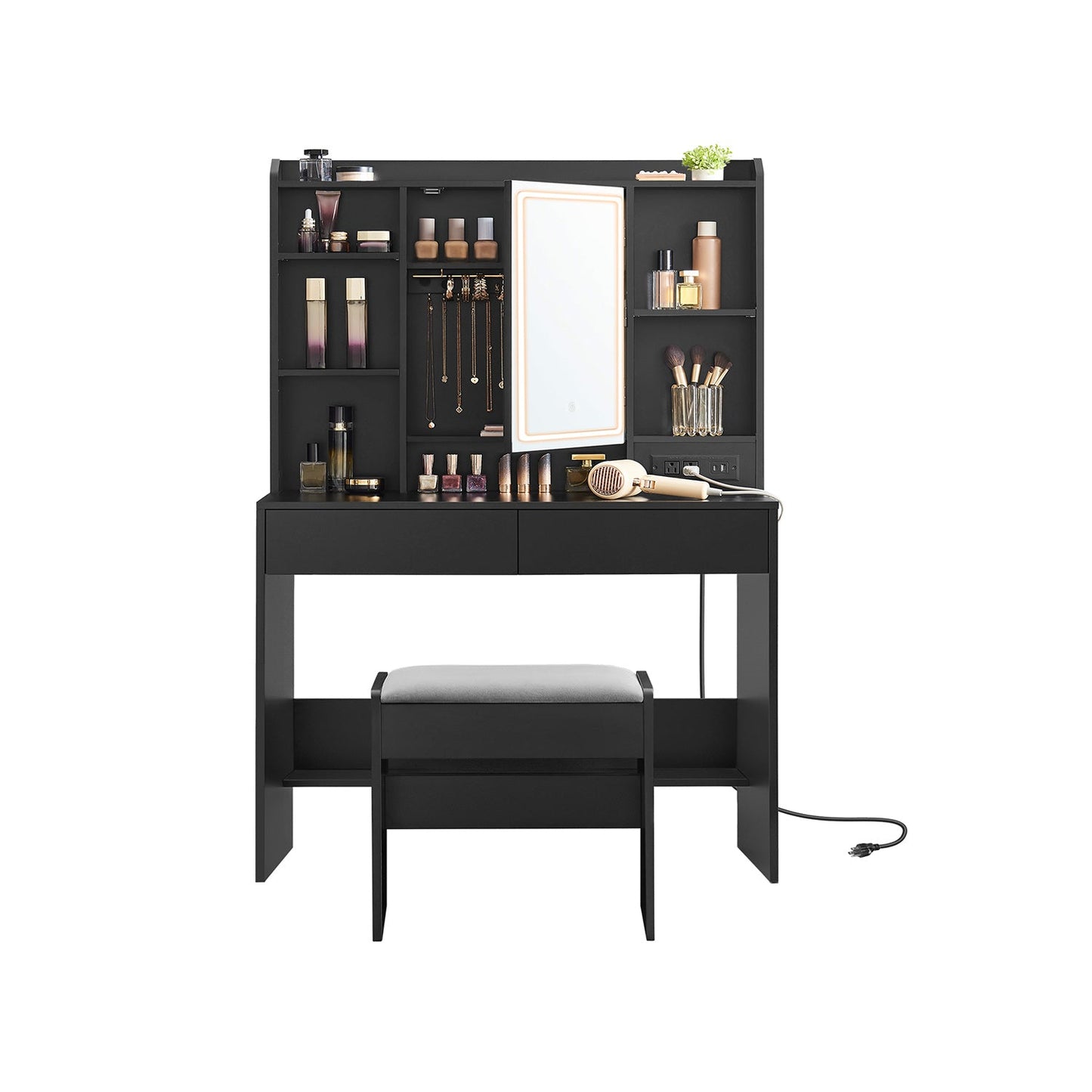VASAGLE Vanity Desk with Dimmable LED Mirror, Power Outlets, Storage & Stool