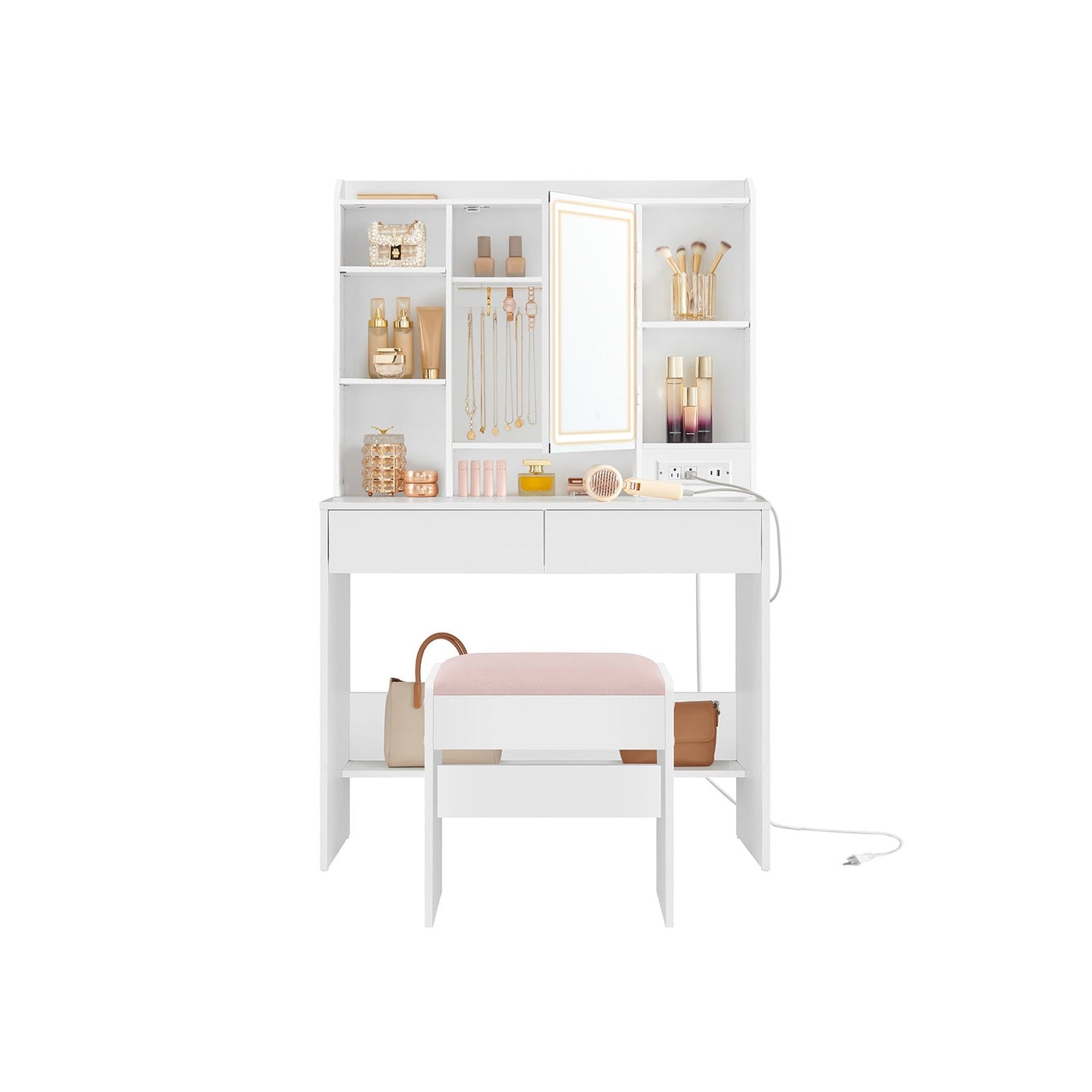 VASAGLE Vanity Desk with Dimmable LED Mirror, Power Outlets, Storage & Stool