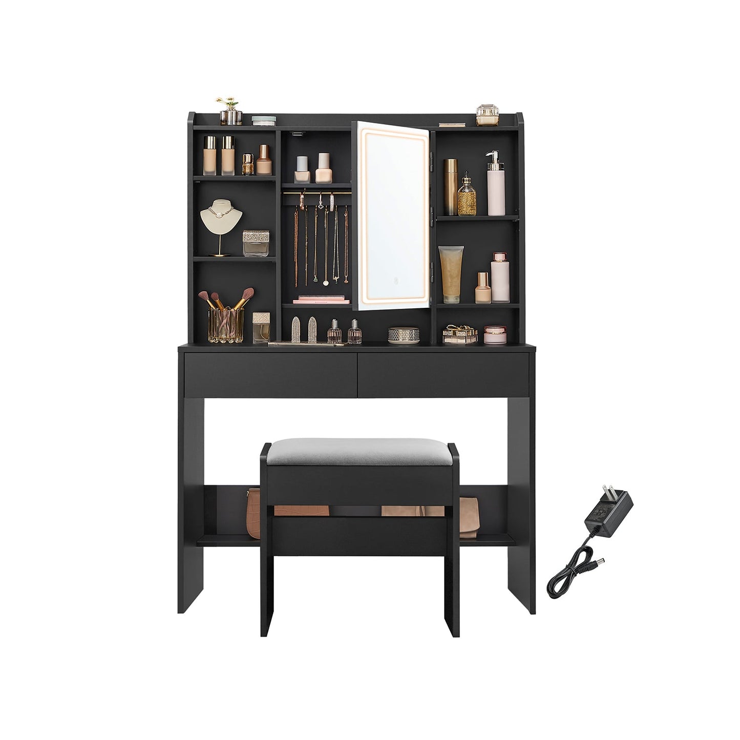 VASAGLE Vanity Desk with Dimmable LED Mirror, Power Outlets, Storage & Stool