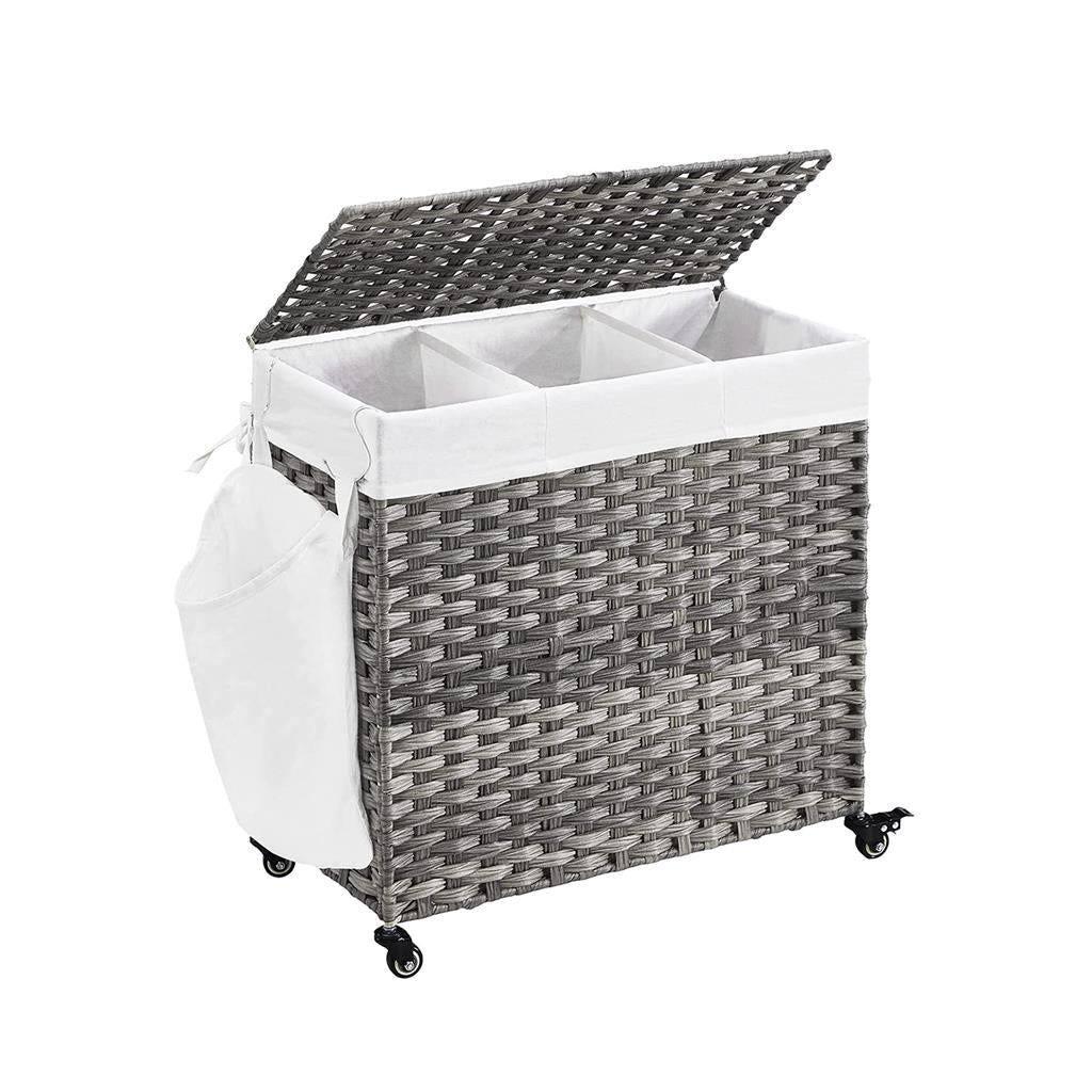 SONGMICS Handwoven Rattan Style Laundry Hamper with Wheels, 3 Compartments, Liner