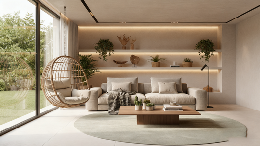 Serene living room with sofa, hanging chair, and plants