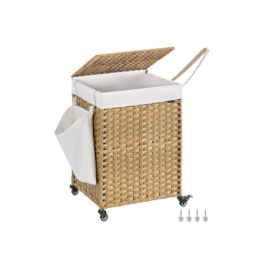 SONGMICS Handwoven Rattan Style Laundry Hamper with Wheels, 3 Compartments, Liner