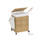 SONGMICS Handwoven Rattan Style Laundry Hamper with Wheels, 3 Compartments, Liner