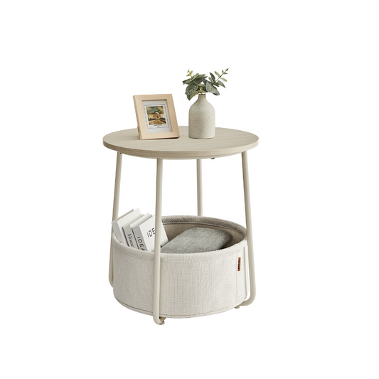 VASAGLE Modern Round Nightstand Side Table, Fabric Storage Basket, Compact Home Furniture