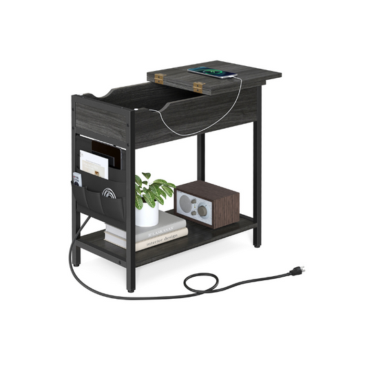 Modern Sofa Side Table with Power Outlet, Flip Top, Charging Station