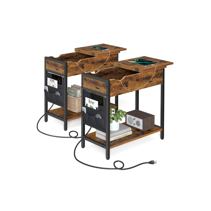 Modern Sofa Side Table with Power Outlet, Flip Top, Charging Station