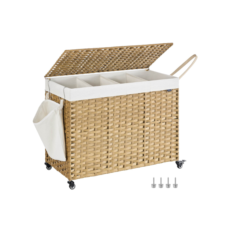 SONGMICS Handwoven Rattan Style Laundry Hamper with Wheels, 3 Compartments, Liner