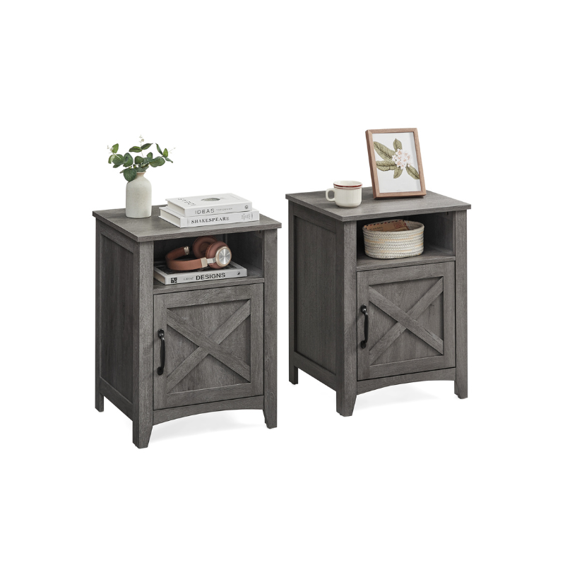 VASAGLE Farmhouse Barn Door Nightstand: Rustic Bedside Table with Storage
