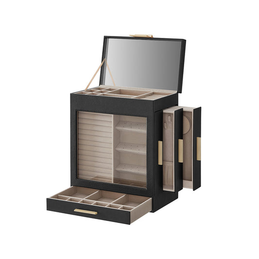 SONGMICS Elegant 5-Layer Jewelry Box with Clear Glass Window and Side Drawers