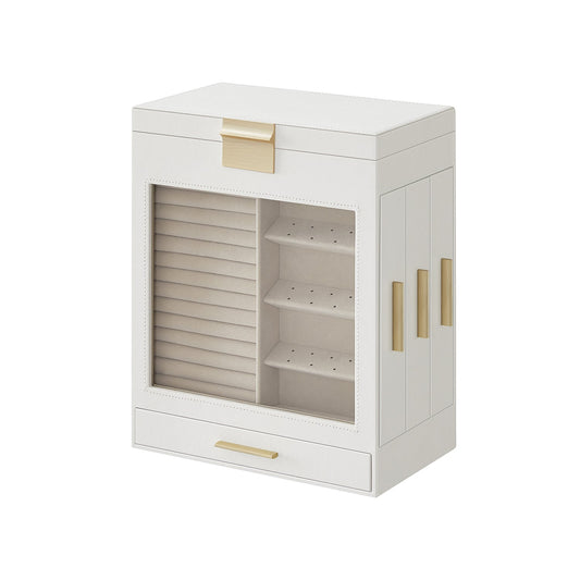 SONGMICS Elegant 5-Layer Jewelry Box with Clear Glass Window and Side Drawers