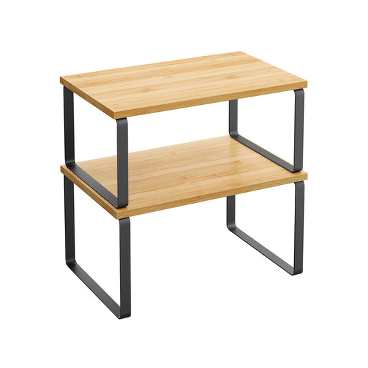 Expandable Stackable Kitchen Countertop Shelves, Metal Bamboo Cabinet Organizer Set