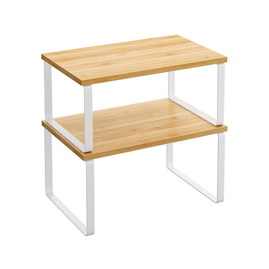 Expandable Stackable Kitchen Countertop Shelves, Metal Bamboo Cabinet Organizer Set