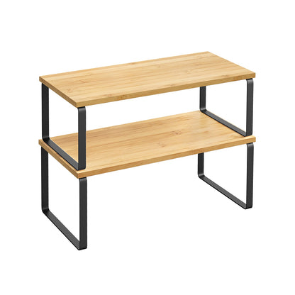 Expandable Stackable Kitchen Countertop Shelves, Metal Bamboo Cabinet Organizer Set