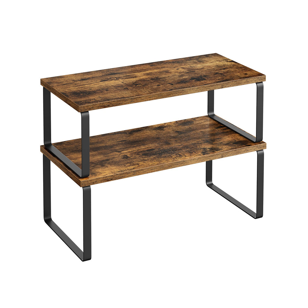 Expandable Stackable Kitchen Countertop Shelves, Metal Bamboo Cabinet Organizer Set