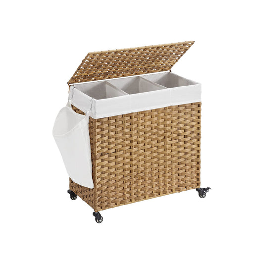 SONGMICS Handwoven Rattan Style Laundry Hamper with Wheels, 3 Compartments, Liner