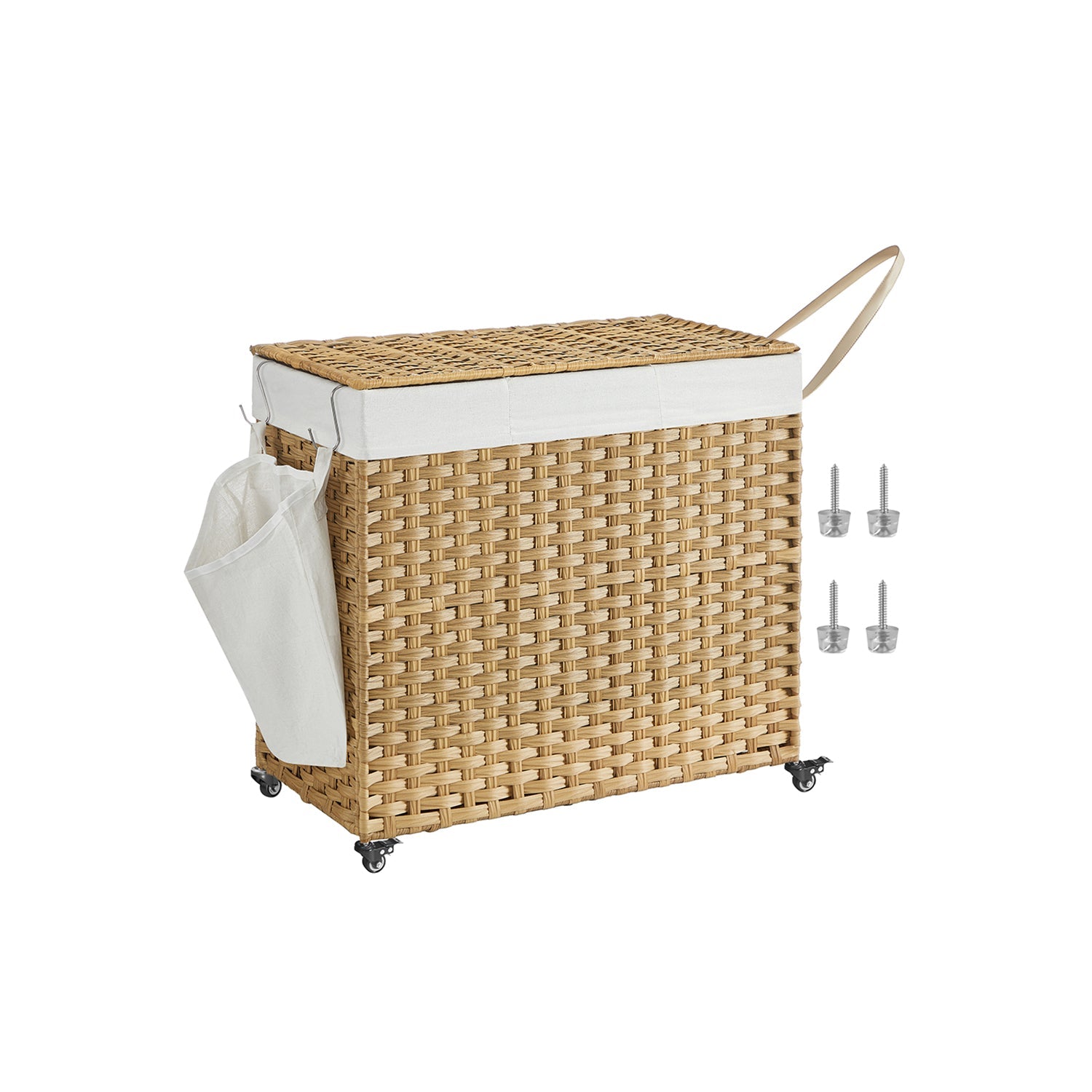 SONGMICS Handwoven Rattan Style Laundry Hamper with Wheels, 3 Compartments, Liner