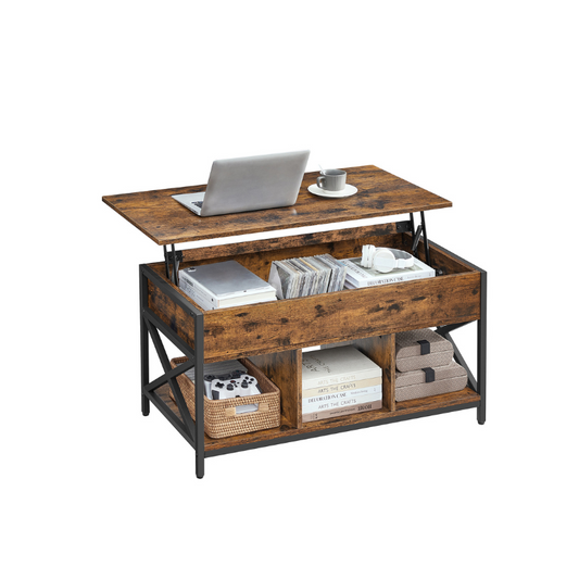 VASAGLE Industrial Lift Top Coffee Table, Hidden Storage, Steel Frame