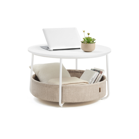 Round Coffee Table with Storage Basket, Modern Metal Frame Living Room Furniture