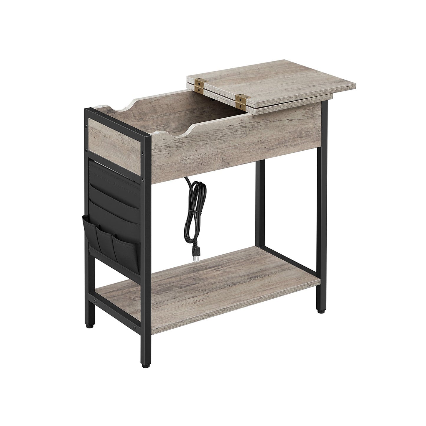 Modern Sofa Side Table with Power Outlet, Flip Top, Charging Station