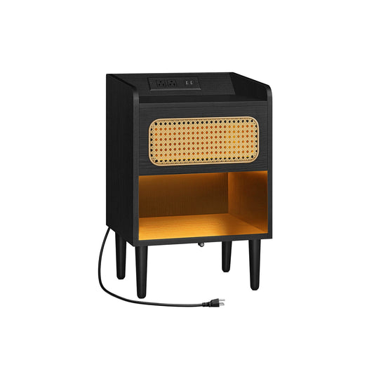 Boho Chic Nightstand with Charging Station, Motion Sensor Lights, Rattan-Like Drawer