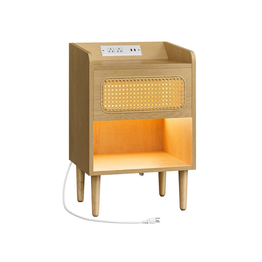 Boho Chic Nightstand with Charging Station, Motion Sensor Lights, Rattan-Like Drawer