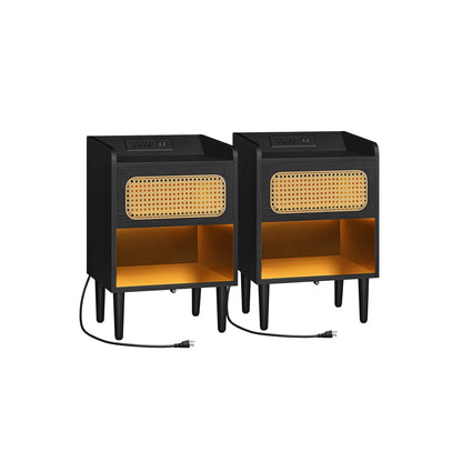 Boho Chic Nightstand with Charging Station, Motion Sensor Lights, Rattan-Like Drawer