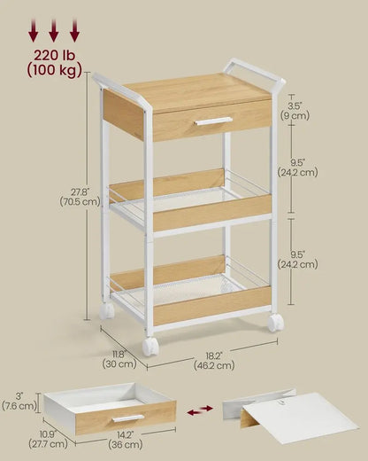 3-Tier Rolling Utility Cart with Table Top, Handles