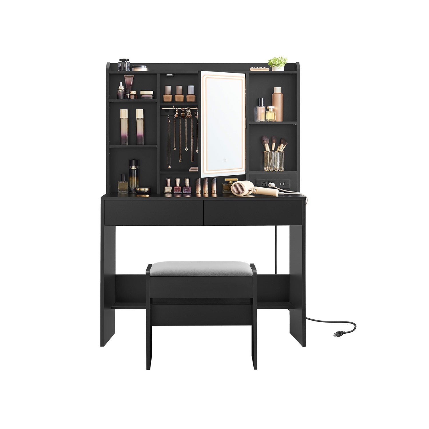 VASAGLE Vanity Desk with Dimmable LED Mirror, Power Outlets, Storage & Stool