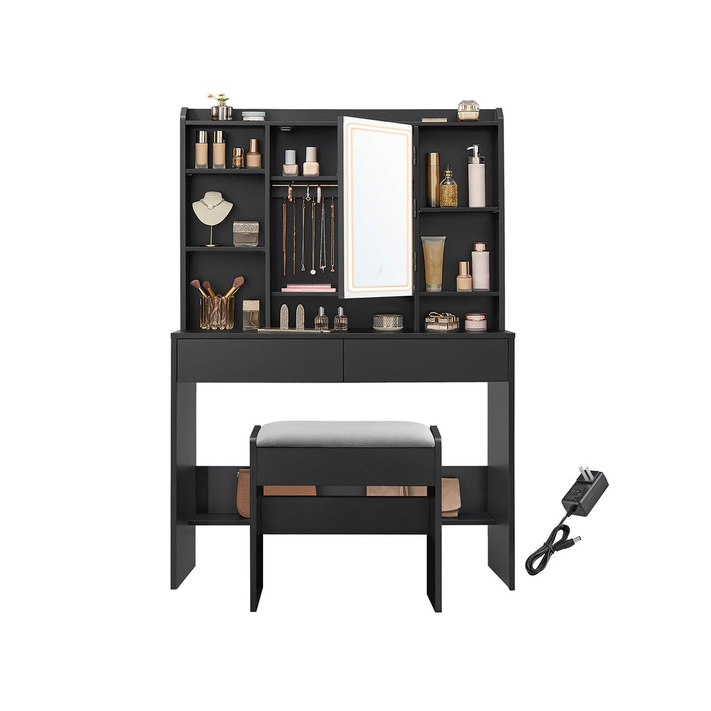 Vanity Desk with LED-Lit Mirror and Storage Drawers