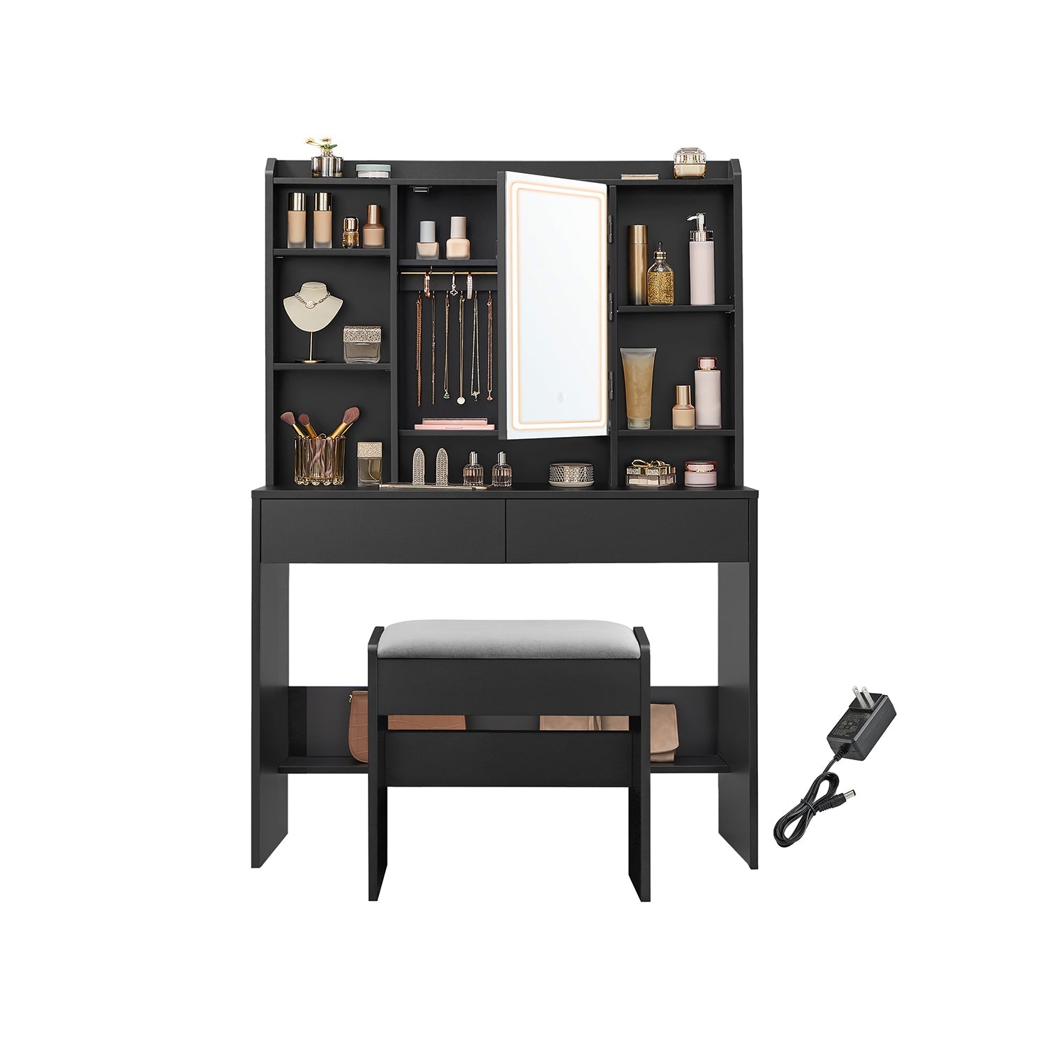 Vanity Desk with LED-Lit Mirror and Storage Drawers