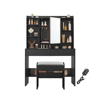 VASAGLE Vanity Desk with Dimmable LED Mirror, Power Outlets, Storage & Stool